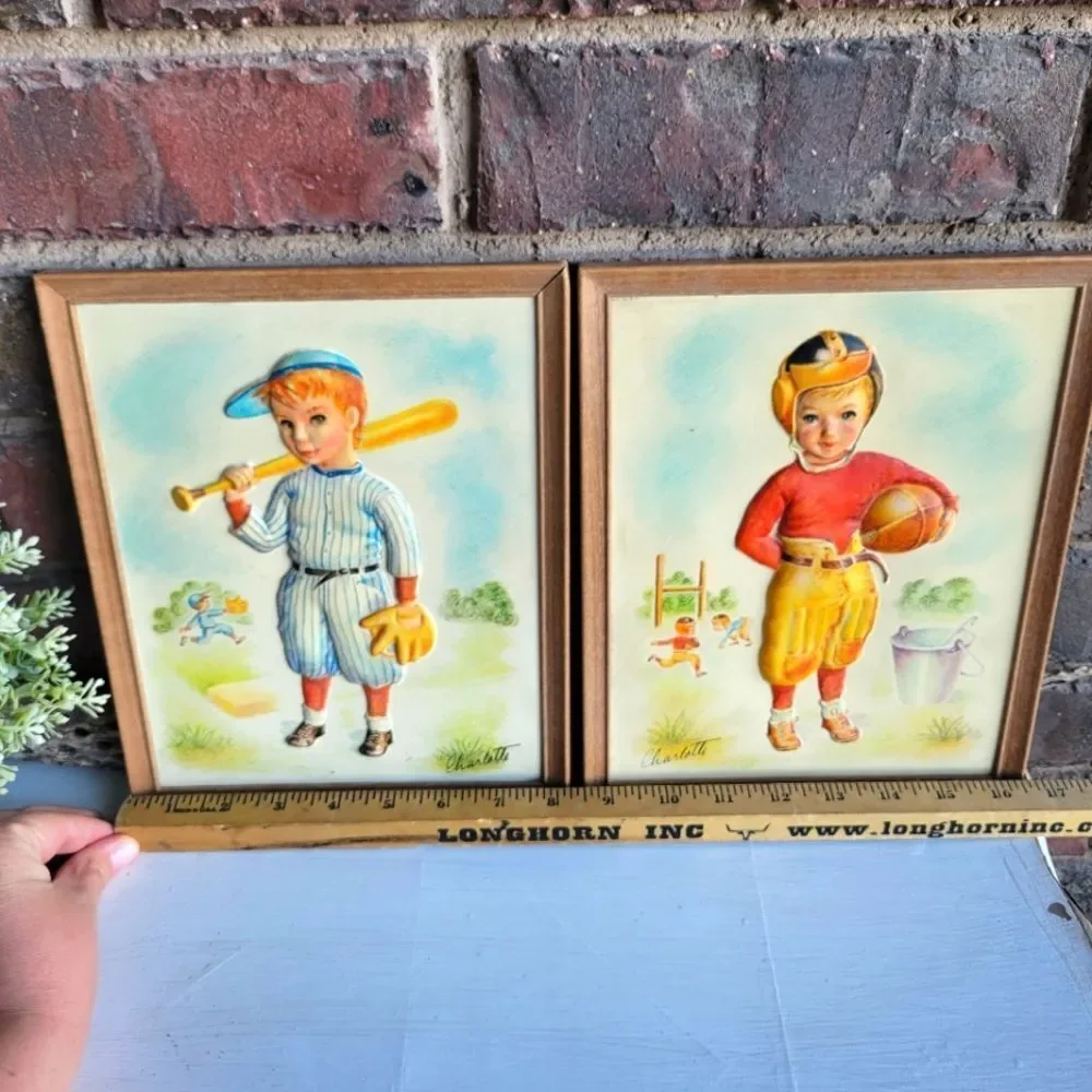 Pair of 1950's Metalcraft Framed 3D Baseball & Football Prints ⚾ 🏈 - Picture 9 of 14